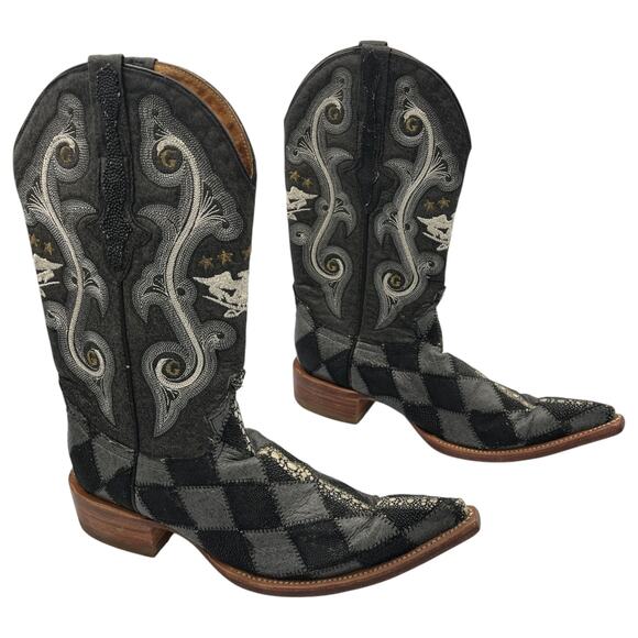 El General Black Gray Patchwork Western Leather Boots Eagle and Star Embroidery - Picture 1 of 8